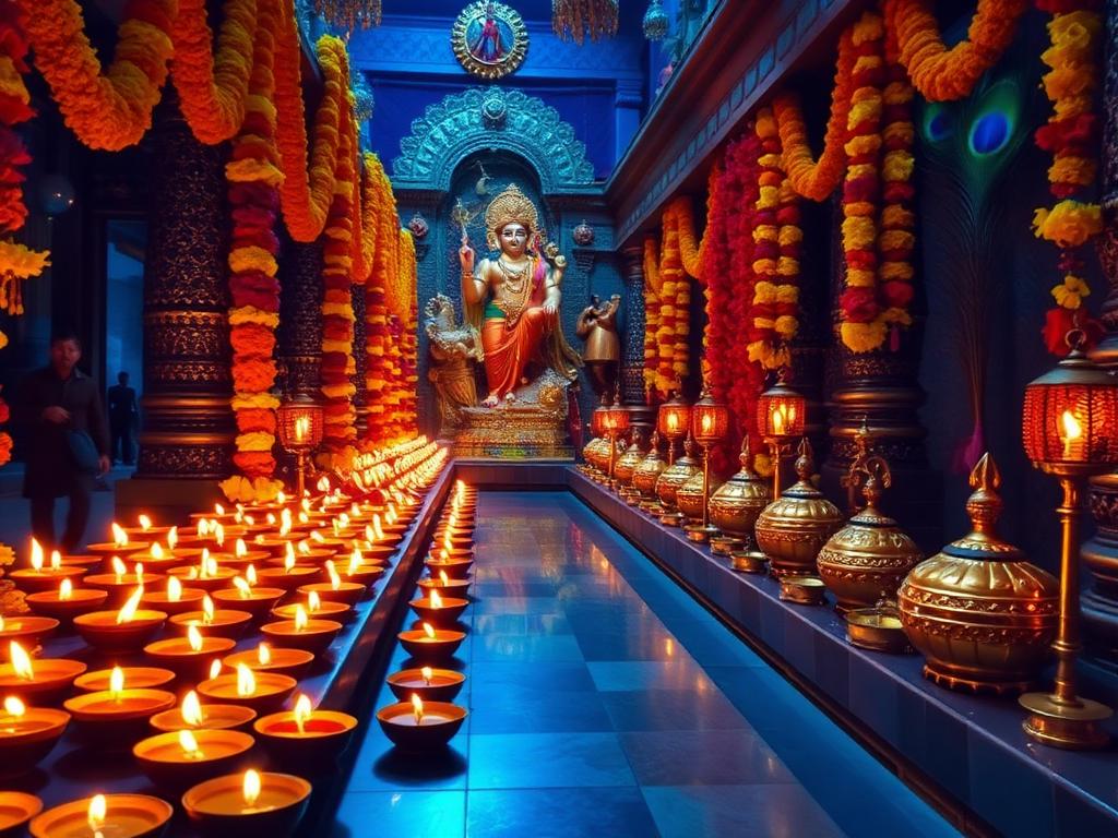 Temple decorated with diyas, garlands and peacock feathers