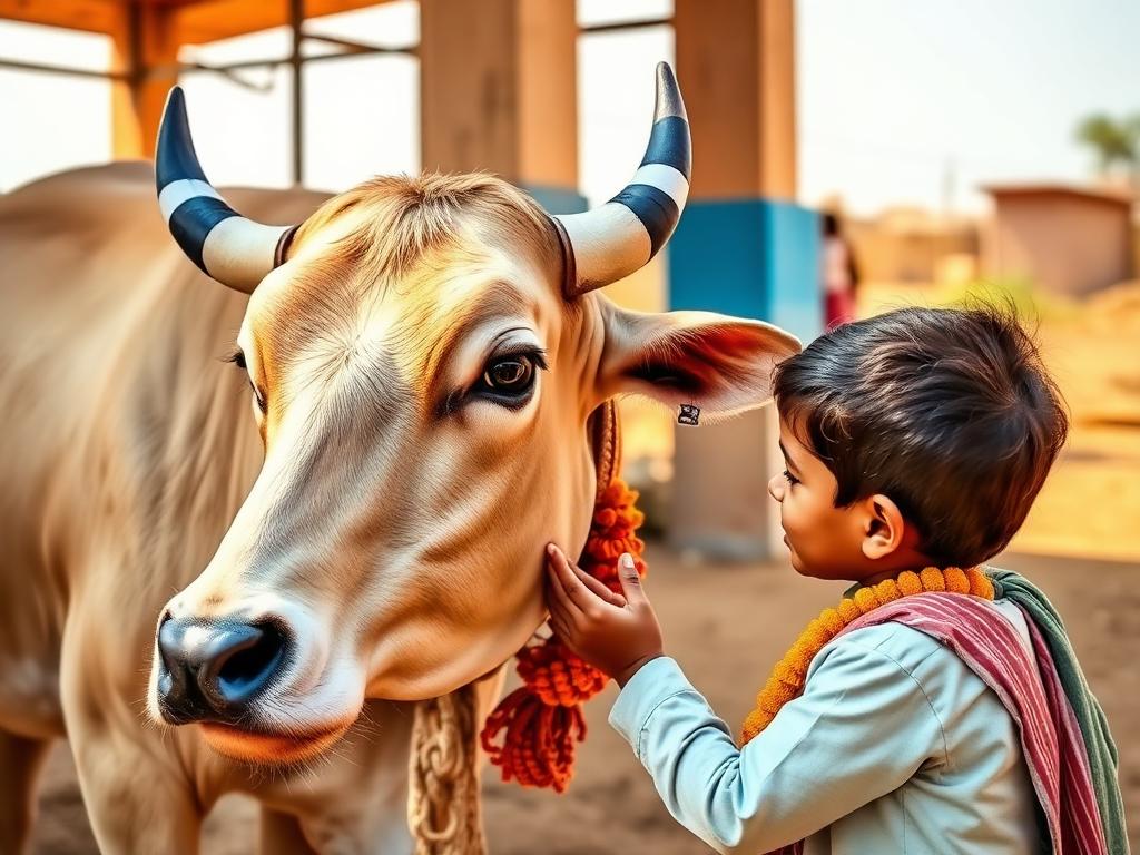 A child lovingly feeding a decorated cow at the goshala